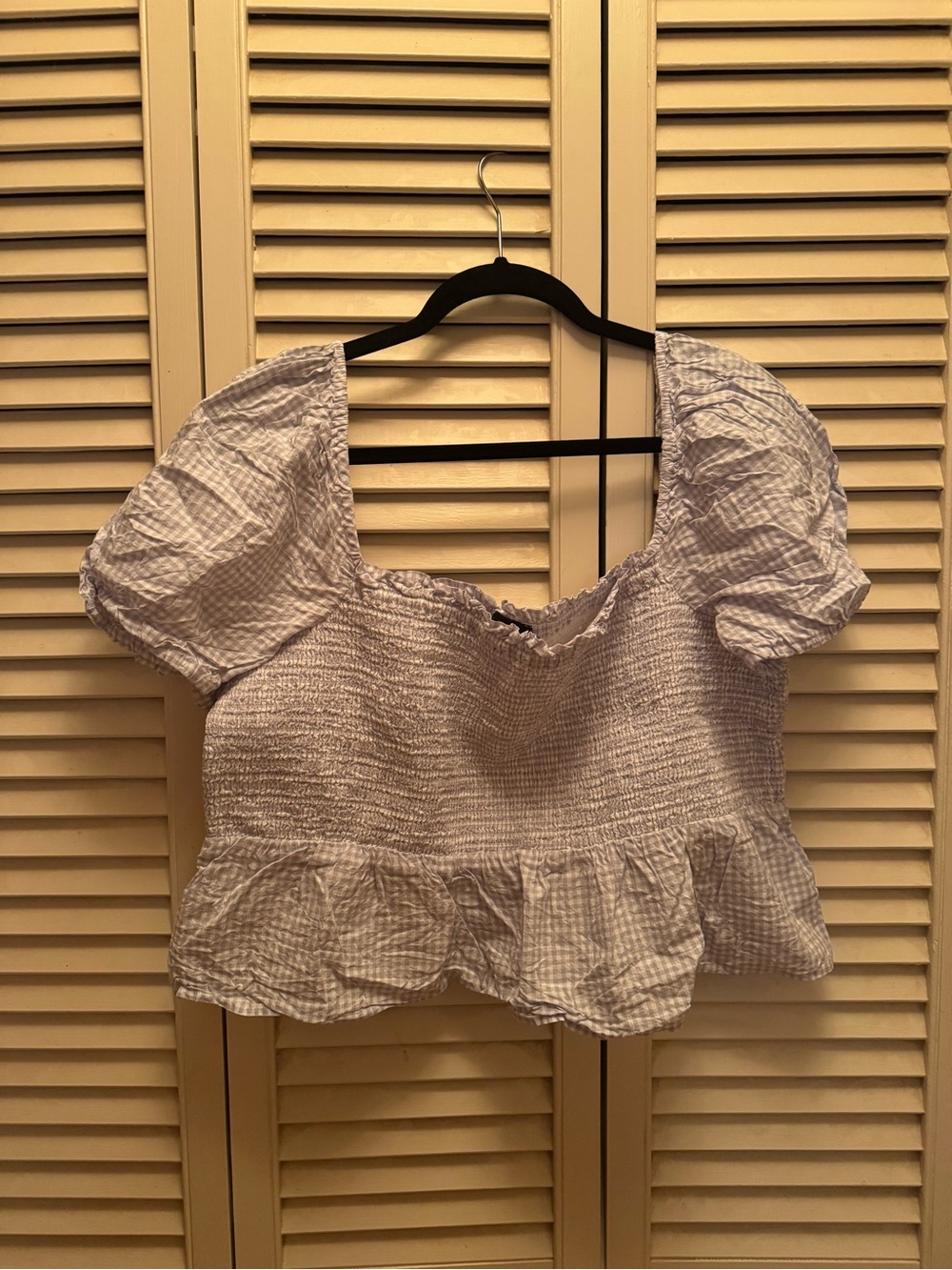 J. Crew Light Blue Gingham Smocked Peplum Crop Top